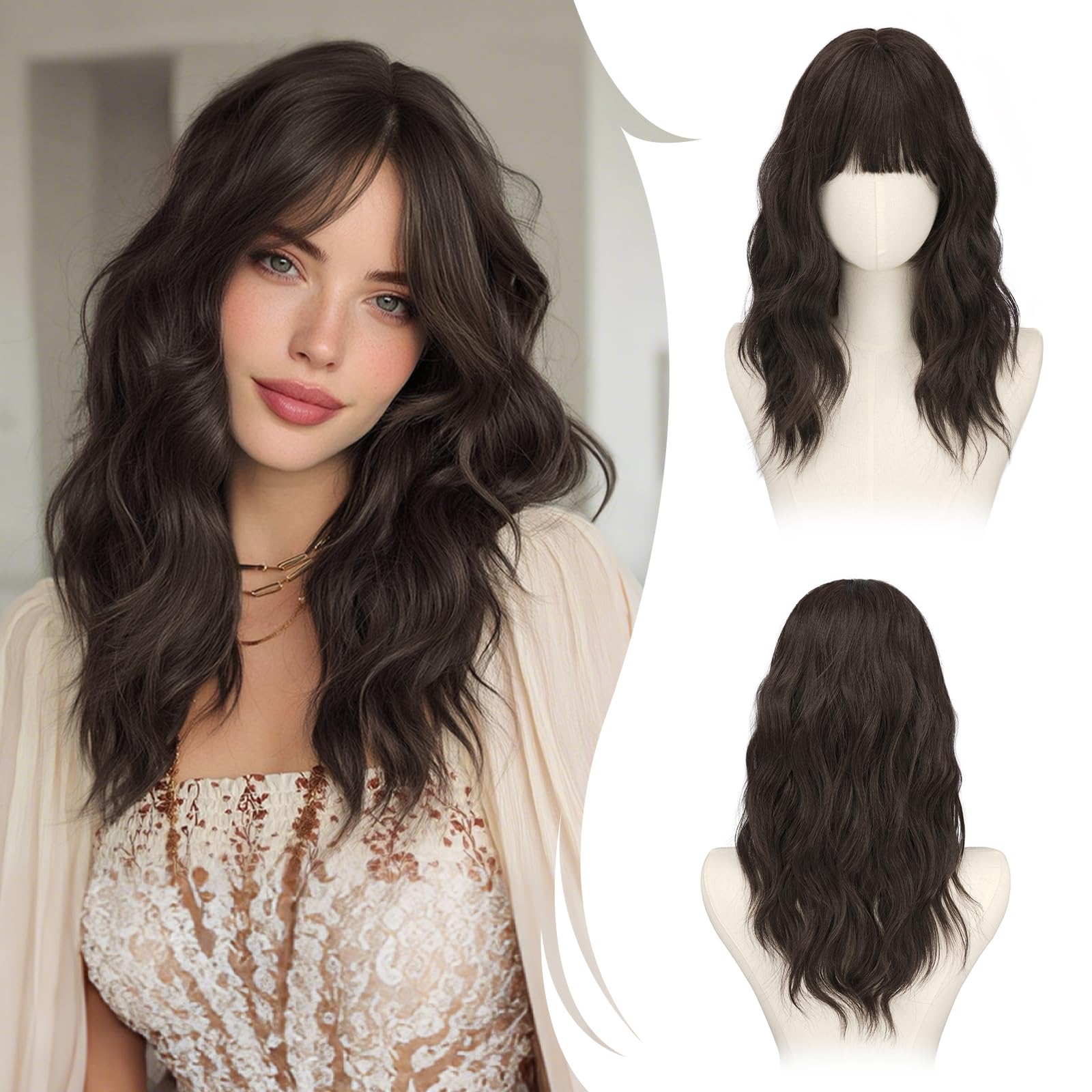 RUWISS Perruque Ondulée Brun Foncé Mi-longue 50 cm avec Frange, Naturel Layered Perruques pour Femme Cheveux Synthétiques Résistantes pour Usageet Quotidien et Cosplay