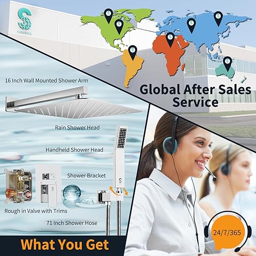 Miniatura 8 de SR SUN RISE Sistema de ducha - Grifo de ducha de lluvia de 16 pulgadas - Juego de cabezal de ducha de metal - Cromo pulido