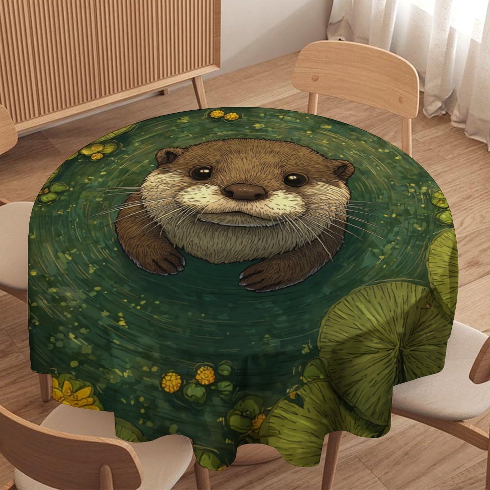 LUYYSKY Realistic Cartoon Cute Otters Round Tablecloth Modern Art Plants Lotus Leaves Flowers Animals Otters Pattern Washable Decor for Table Cover for Kitchen-177.8" Wx177.8 L cm