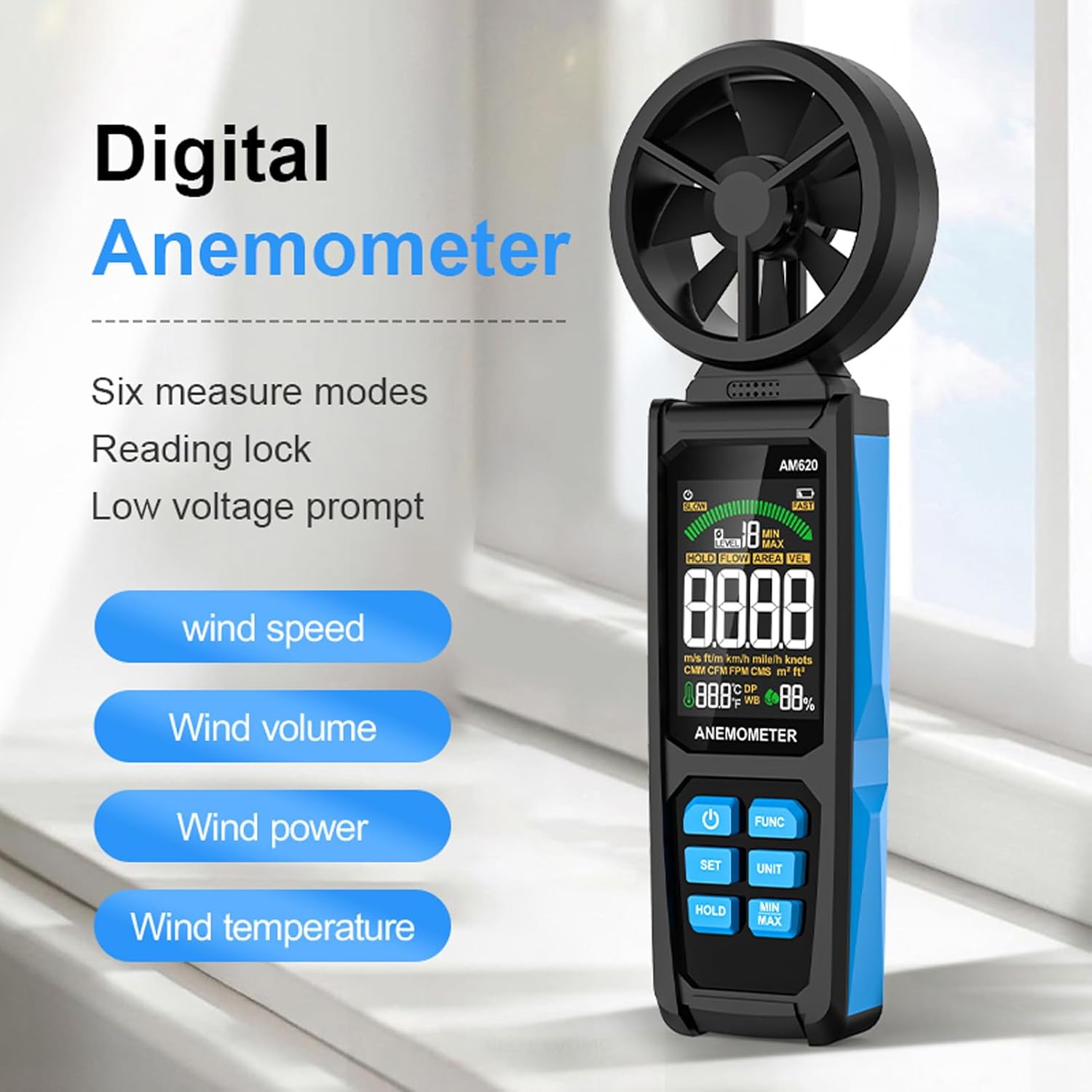 Digital Anemometer Wind Speed CFM Meter with LED Backlight, Air Flow Velocity Tester Gauge