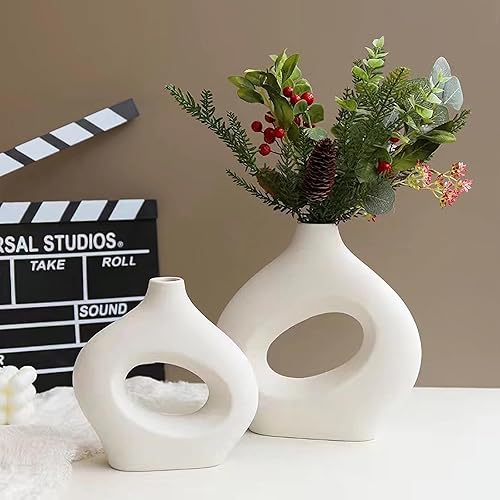 Miniatura 6 de Juego de 2 jarrones de cerámica, decoración moderna del hogar, jarrones redondos blancos, jarrones de flores frescas y secas, decoración bohemia