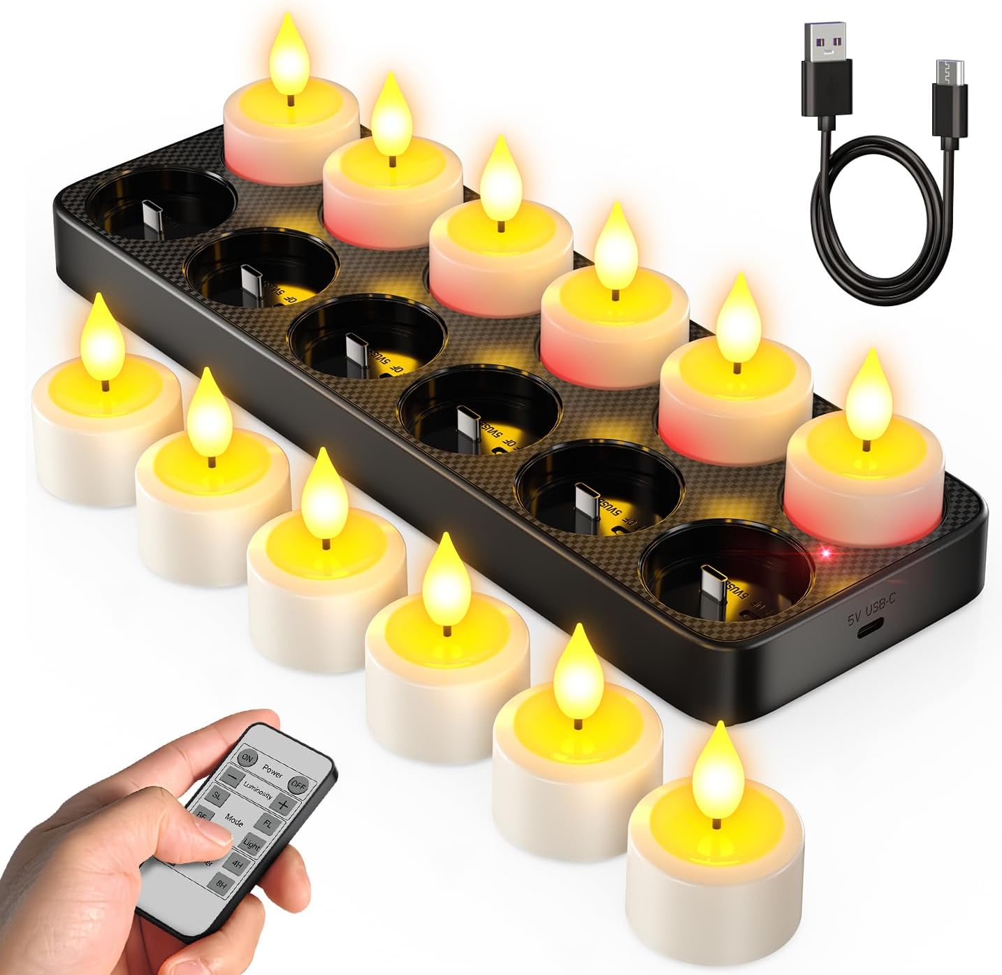 SoulBay Flameless Candles with Distant Management Timer & Charging Base, 12pcs USB Rechargeable Battery LED Tea Lights Candles Small Votive for Lantern Pool Mantle Weddings Emergency Christmas Ornamental