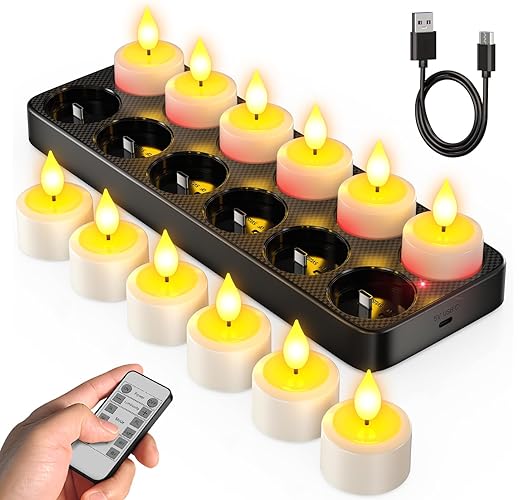 SoulBay Flameless Candles with Remote Control Timer & Charging Base, 12pcs USB Rechargeable Battery LED Tea Lights Candles Small Votive for Lantern Pool Mantle Weddings Emergency Christmas Decorative