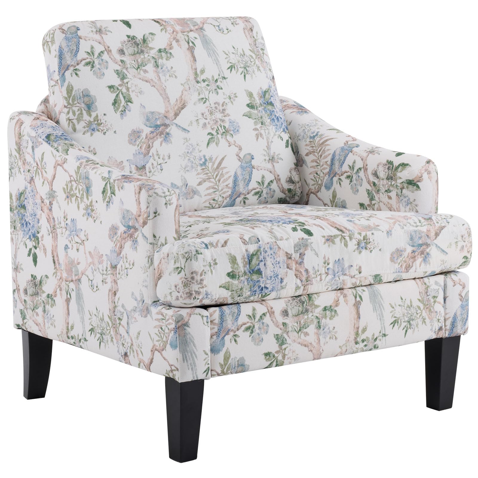 Bezseller Floral Accent Chair, Upholstered Reading Armchair with Wood Legs, Mid-Century Leisure Comfy Single Sofa Chair for Living Room, Bedroom, Home, Office, White Floral