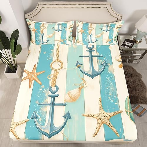 Miniatura 31 de Sábana bajera ajustable de olas oceánicas, tamaño Queen, estilo retro, brújula, velero, juego de ropa de cama náutica para mujeres, hombres y niños,
