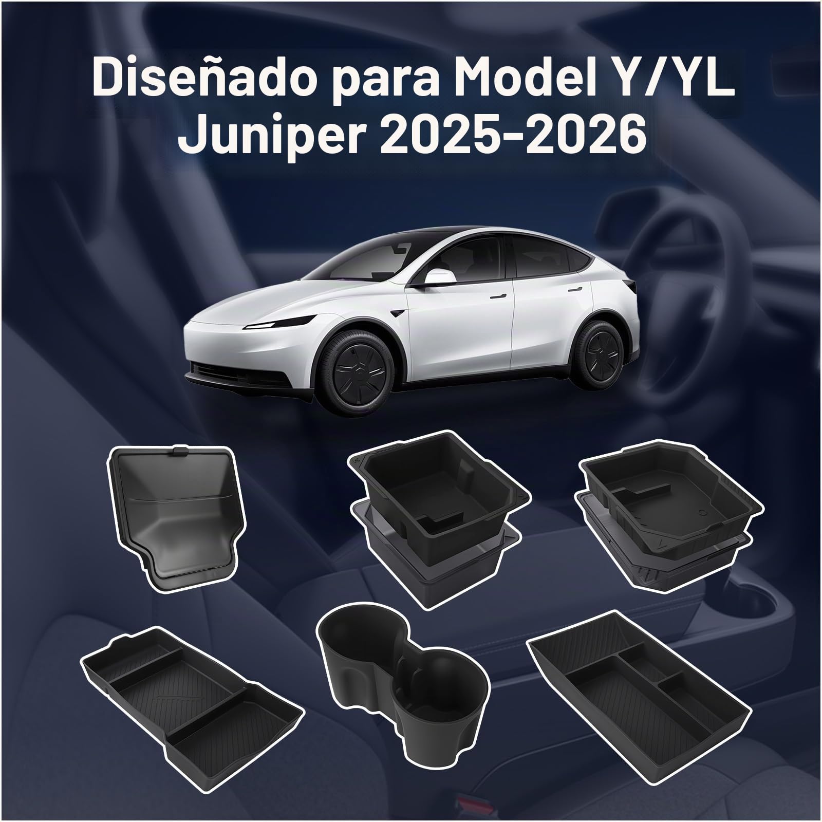 Organizador Consola Central para Tesla Model Y/YL Juniper 2025-2026 Accesorios by MMOBIEL – 6 Pzs. Interior ABS & Silicona – Organizadores, Bandejas, Portavasos, Caja Reposabrazos – Antideslizante