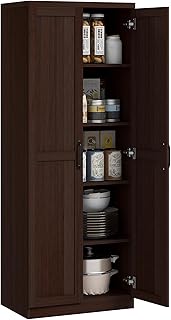 HOMCOM 63" 2-Door Kitchen Pantry, Freestanding Storage Cabinet with 5-Tier Shelving and 2 Adjustable Shelves for Dining Room, Cinnamon Cherry Wood Grain