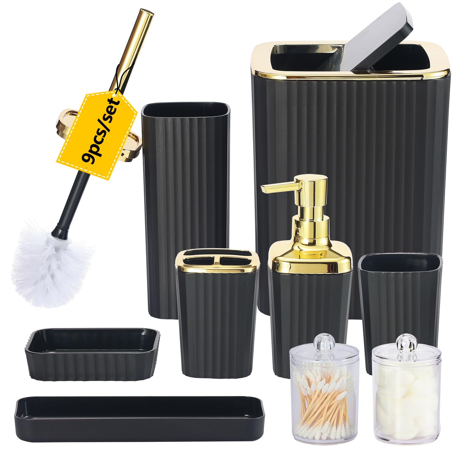 Black Bathroom Accessories Set,9 Piece Black Bathroom Accessory Set with Toothbrush Holder, Trash Can, Lotion Soap Dispenser, Toothbrush Cup, Vanity Tray, Soap Dish, Toilet Brush, Qtip Holder
