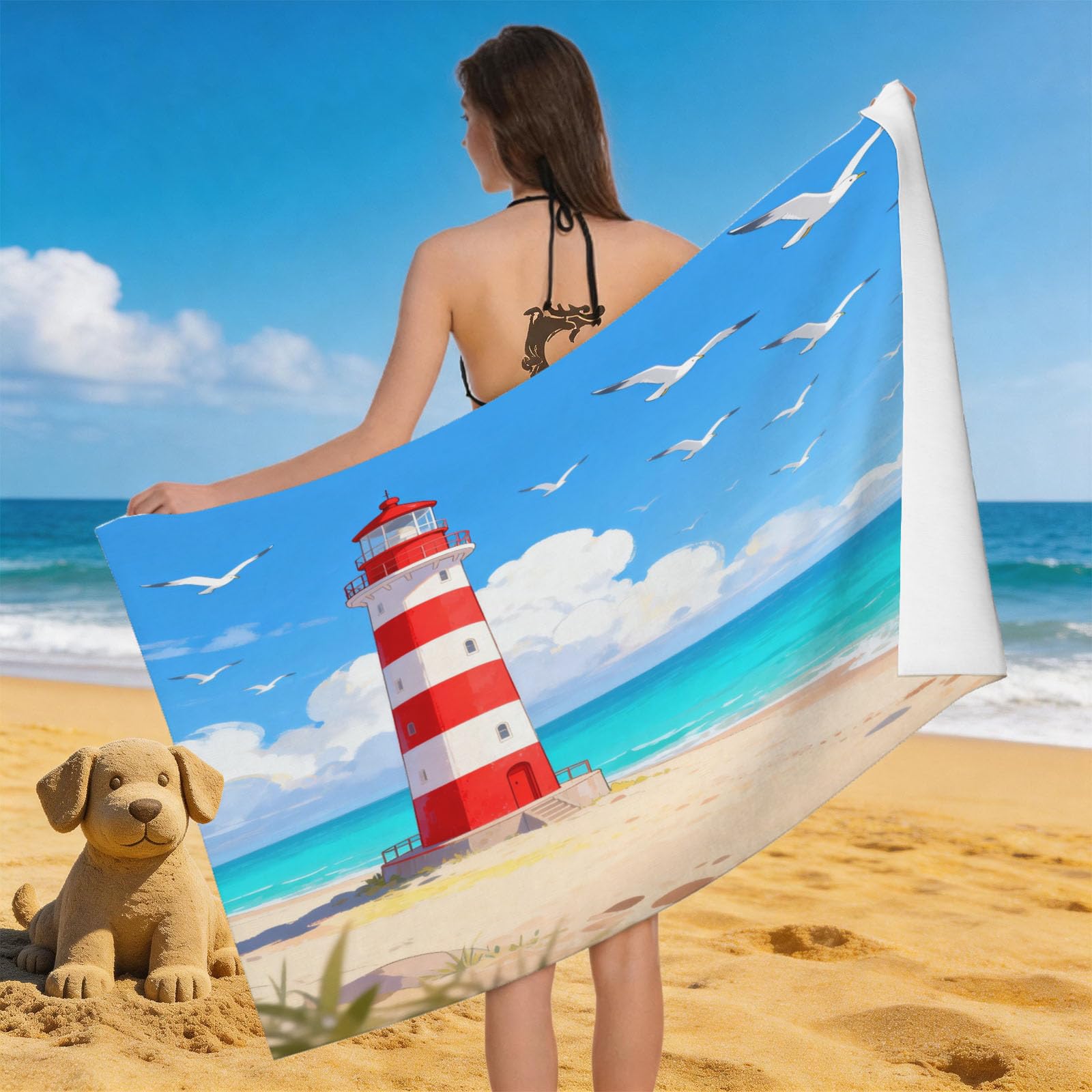 Leichong 3D Cartoon Lighthouse Beach Towel Microfiber Soft Quick Dry for Adults, Lighthouse Bath Towel Lightweight Soft Absorbent for Travel Swimming Pool Sports, 75 x 150 cm