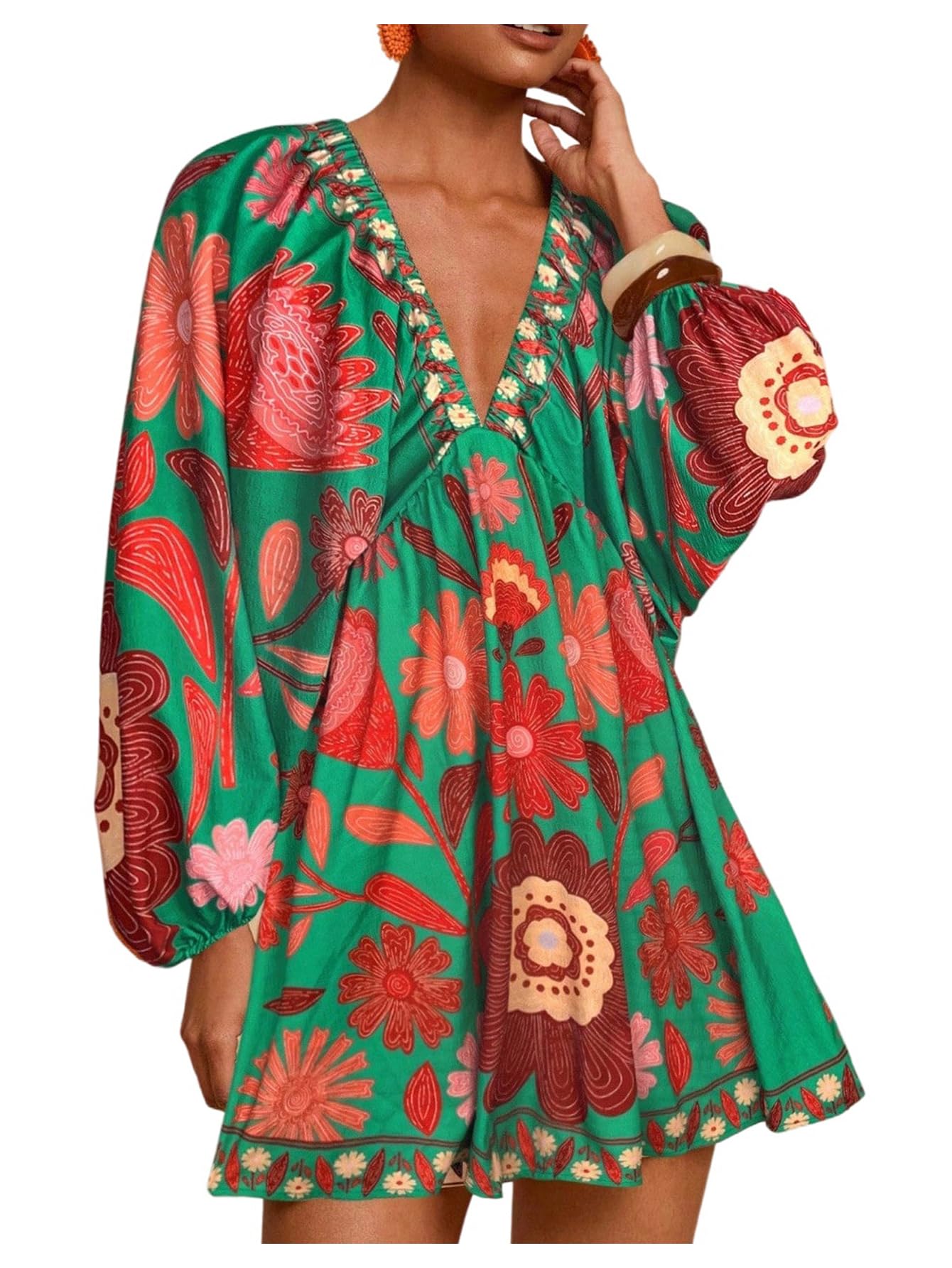 Women's Boho Floral V Neck Mini Dress Bishop Sleeve Tropical Dress