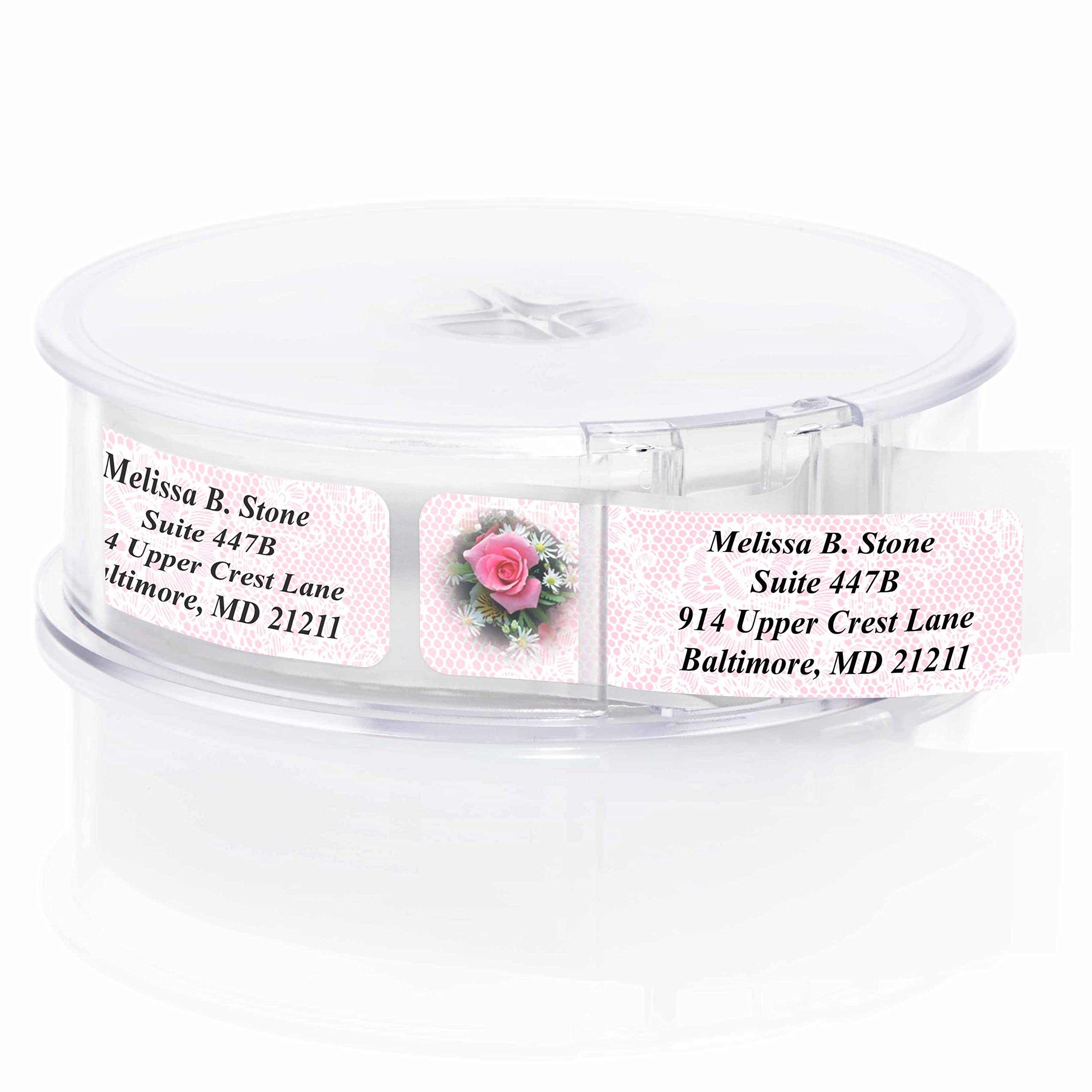 Romantic Rose Designer Rolled Address Labels with Elegant Plastic Dispenser