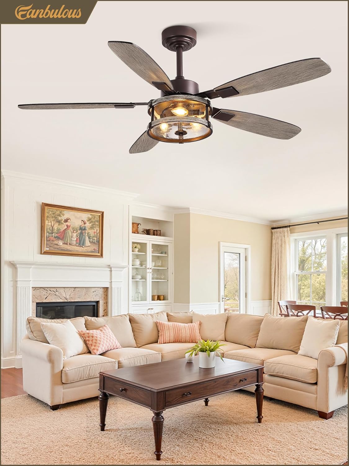 Fanbulous Farmhouse Ceiling Fan with Light and Remote, 52" Black Rustic Flush Mount Ceiling Fans for Bedroom Living Room, Industrial Caged Ceiling Fan for 6 Speed Reversible Motor, 5 Dual Blades