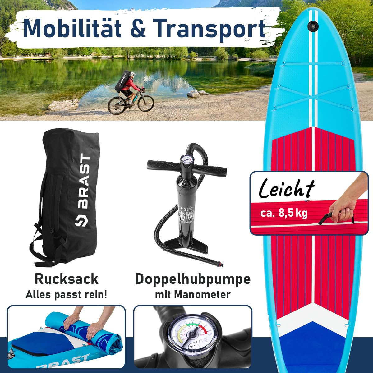 BRAST SUP Board Turtle | Aufblasbares Stand up Paddle Set | 320x81x15cm | 4 Designs | 5 Jahre Garantie | inkl. Sonderzubehör