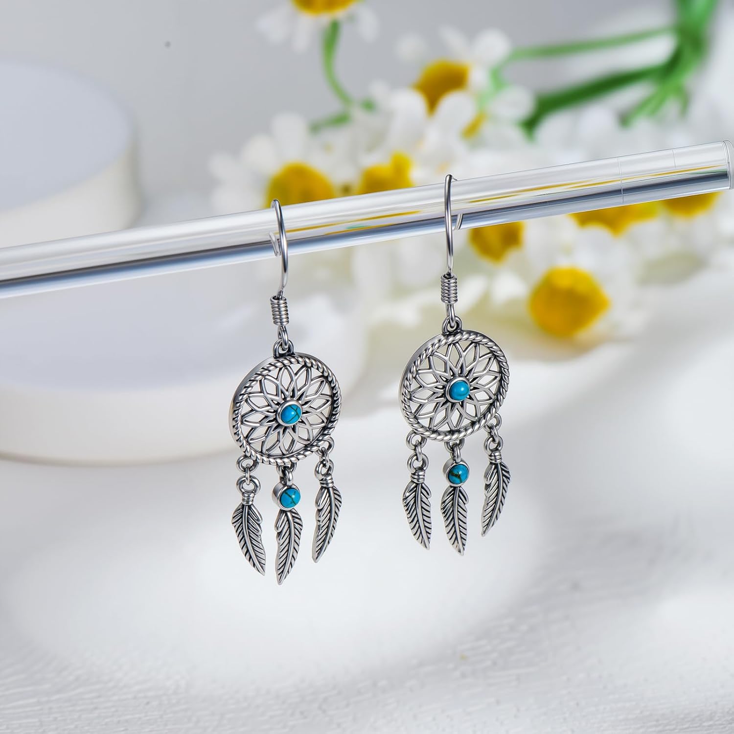 Turquoise Dream Catcher Earrings for Women Dream Catcher Statement Feather Dangle Drop Earrings Vintage Bohemian Western Jewelry Gifts - Image 3
