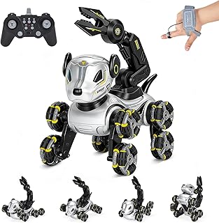 Roboter Hund Kinder – Interaktiver RC Roboterhund mit Gestensteuerung Uhr, Greifarm, 8-Rad Stunts, Licht & Musik, Programmierung, Doppelakku - Robot Dog für Mädchen Jungen 3-12 Jahre