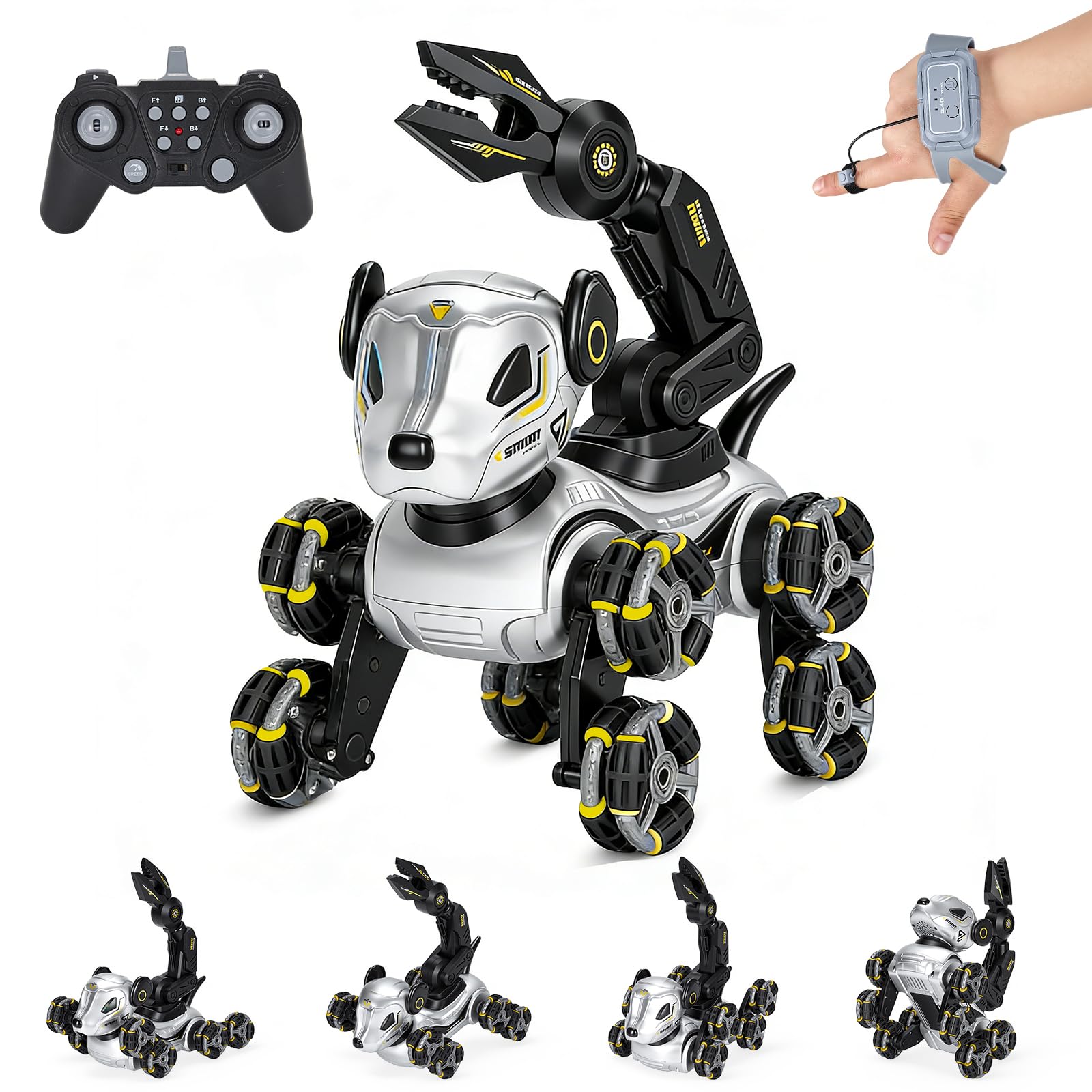 Roboter Hund Kinder – Interaktiver RC Roboterhund mit Gestensteuerung Uhr, Greifarm, 8-Rad Stunts, Licht & Musik, Programmierung, Doppelakku - Robot Dog für Mädchen Jungen 3-12 Jahre