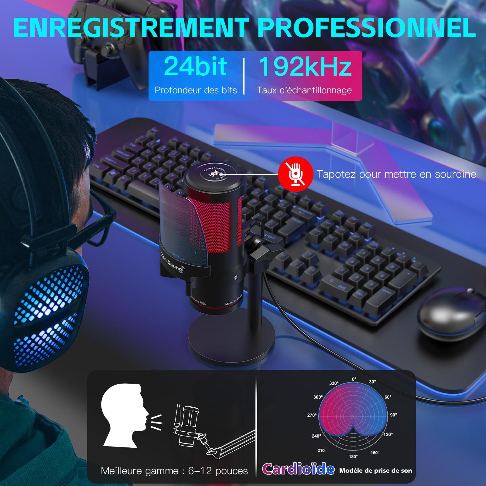 zealsound USB Gaming Microphone,Microphone condensateur à réduction de Bruit pour iPhone/iPad/PC/Mac,avec RGB,Touch Mute,Gain,Prise de contrôle,pour Streaming,Podcast,Youtube,Discord,PS4/5,Gamer Wave