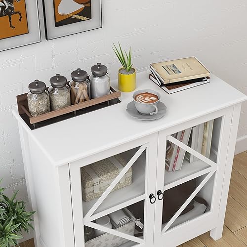 Miniatura 4 de RASOO Aparador con puertas de cristal, almacenamiento de buffet para el hogar, cocina, comedor, mesa de consola de armario, espresso (blanco)