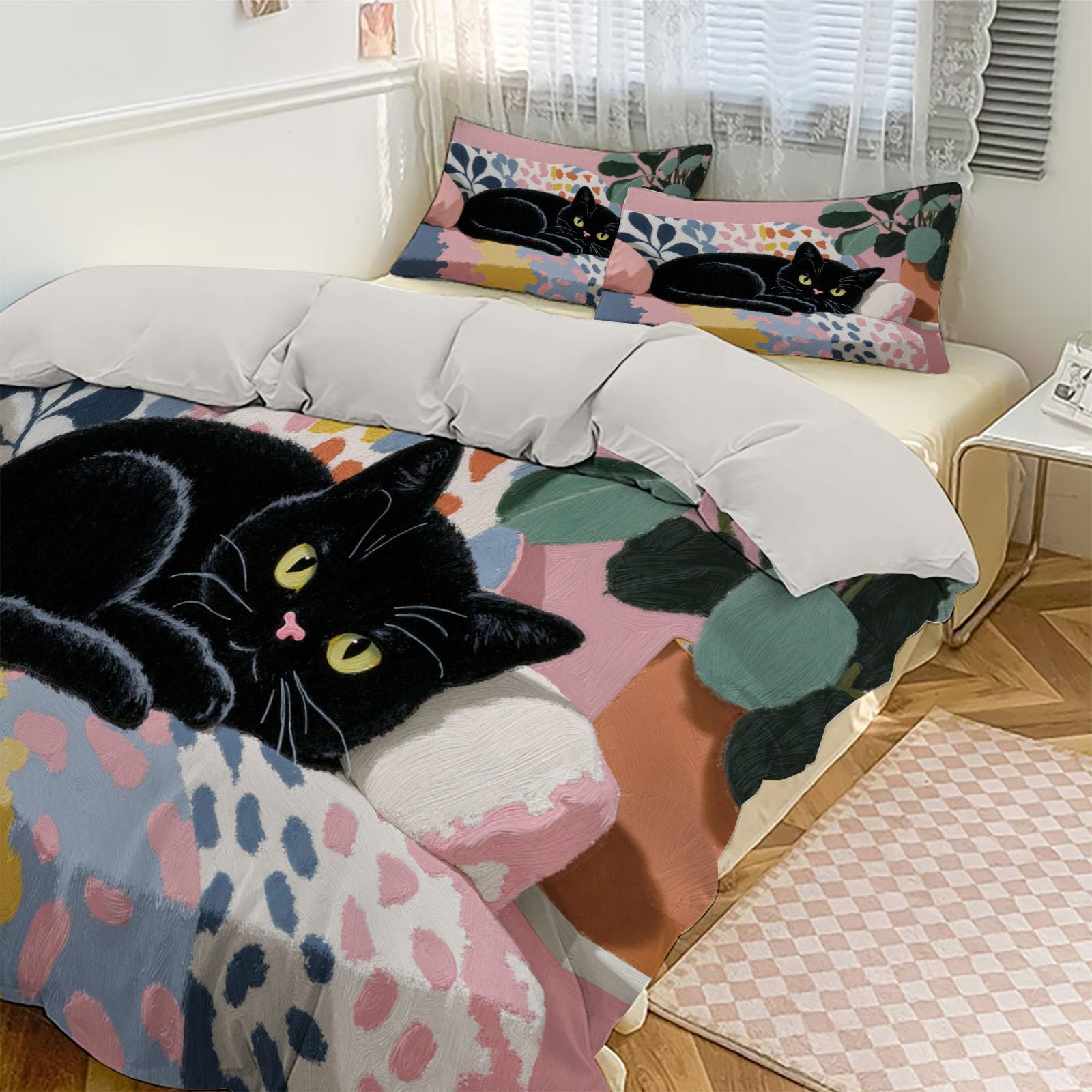 Parure de lit 140x200 Chat Noir avec taie d'oreiller 65x65 pour lit enfant