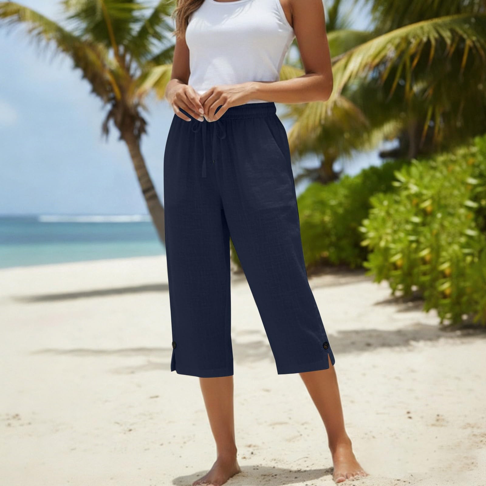 Pantacourt Femme Été Pantalon 3/4 en Coton et Lin Pantalon de Jogging Léger avec Poches Taille Élastique avec Cordon Bouton à la Cheville Pantalon de Sport Décontracté pour Yoga Randonnée - 4