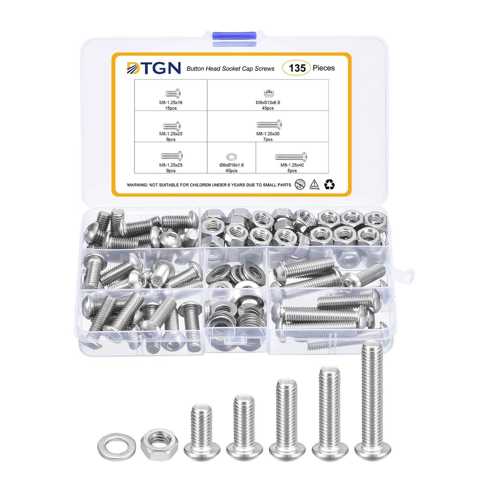 DTGN Set di 135 viti M8 a testa cilindrica da 1,25 x 16/20/25/30/40 mm, in acciaio inox 304, ideali per biciclette da strada, mountain bike, auto