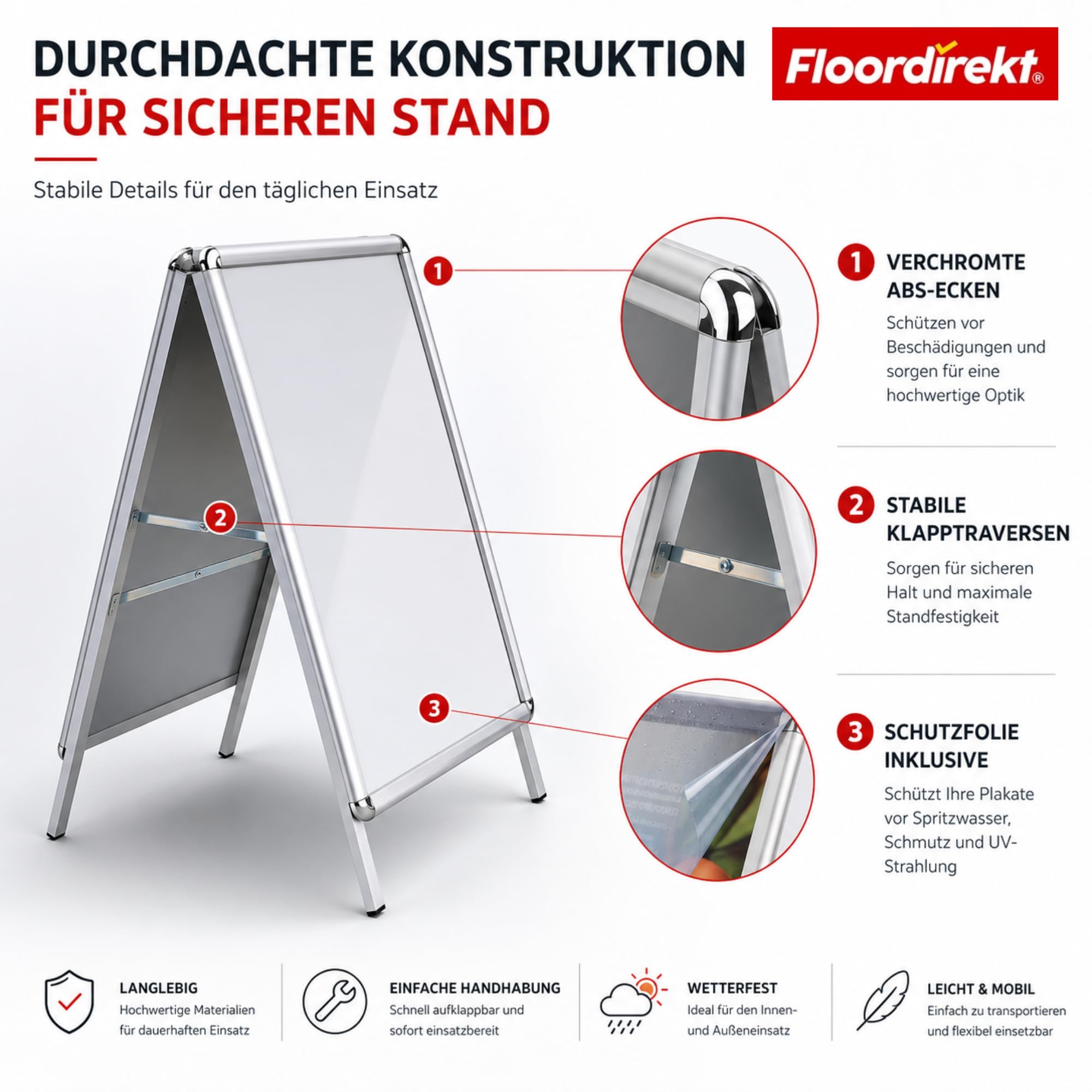 Floordirekt Kundenstopper DIN A1 - beidseitig für 2 Plakate mit Alu Rahmen 25mm - inklusive Schutzfolie - wetterfester Plakatständer - Gehwegaufsteller Werbetafel