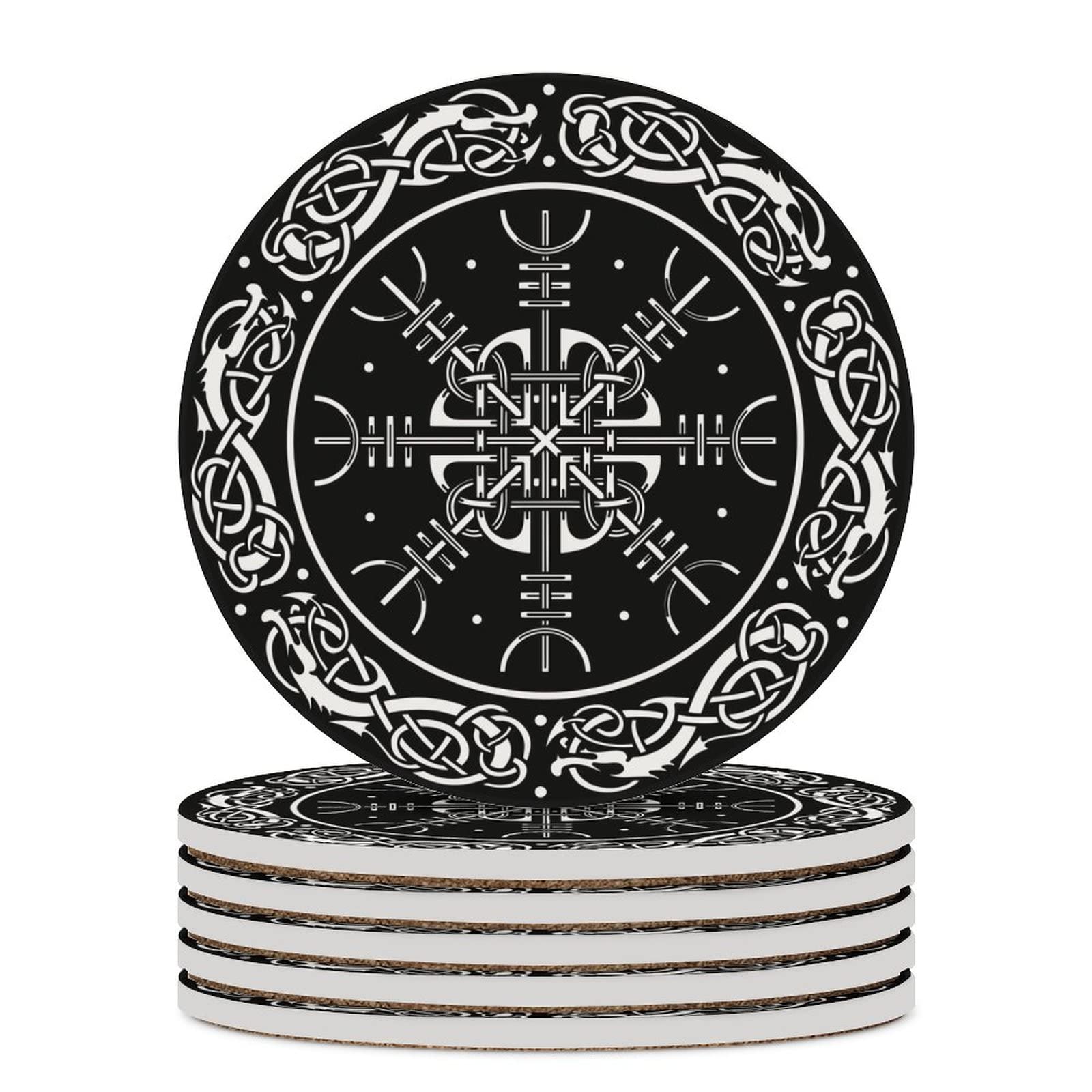Drink Cup Coasters Mats 1-6 Sets Viking Shield Scandinavian Dragons, Washable Absorbent Non-Slip, for Coffee Beer Wine, House Warming Decor, Wedding Gift, 4 inch