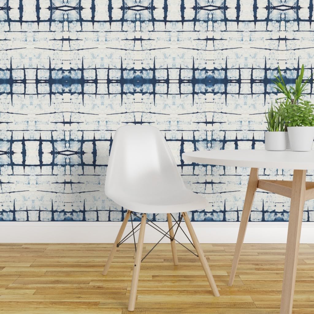 Spoonflower Removable Wallpaper 9ft x 2ft - Faded Indigo Shibori Blue Geometric Tie Dye Japanese Plaid Navy White Abstract Boho Custom Pre-Pasted Wallpaper