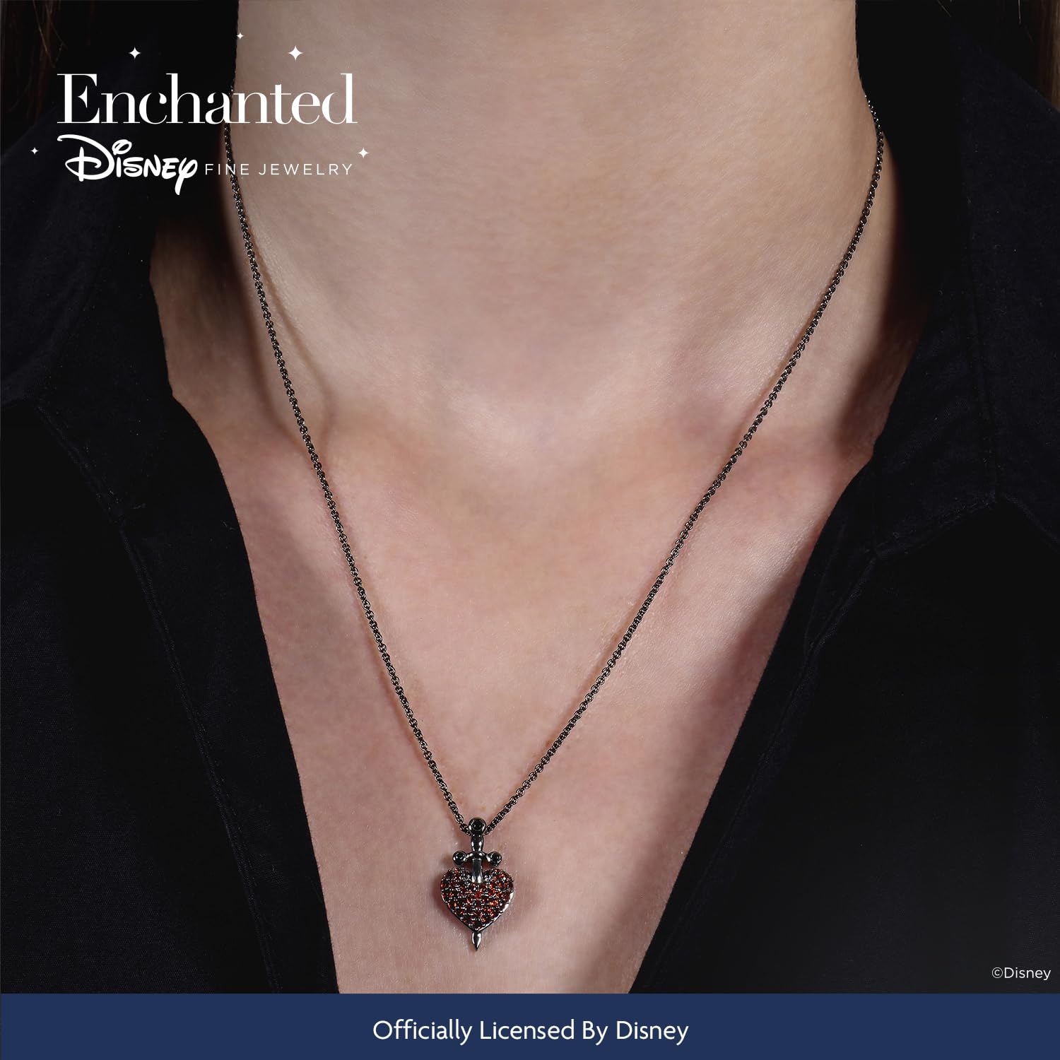 Jewelili Enchanted Disney Fine Jewelry Black Rhodium over Sterling Silver 1.5 MM Round Garnet and Treated Black Round Diamond Accent Evil Queen Pendant Necklace 18" Cable Chain