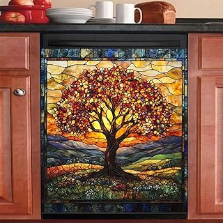 Stained Glass Tree of Life Magnetic Dishwasher Home Appliance Sticker, Colorful Tree of Life Refrigerator Magnet Skin Cover, Vinyl Magnet Fridge Decal Reusable (Magnetic 23"x26")