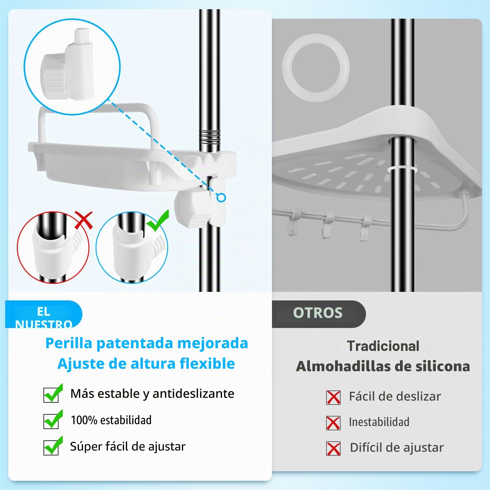 XLHOMO Estante de Ducha esquinero de 32 a 122 Pulgadas, Barra de tensión, Color Blanco, estantes de Ducha inoxidables sin taladros para baño, bañera, Lavabo, Organizador de Ducha Ajustable con