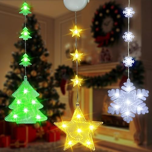 Decoraciones de Navidad, 3 luces de Navidad para ventana, alimentadas por pilas, decoración de ventana de Navidad, árbol y copo de nieve y forma de