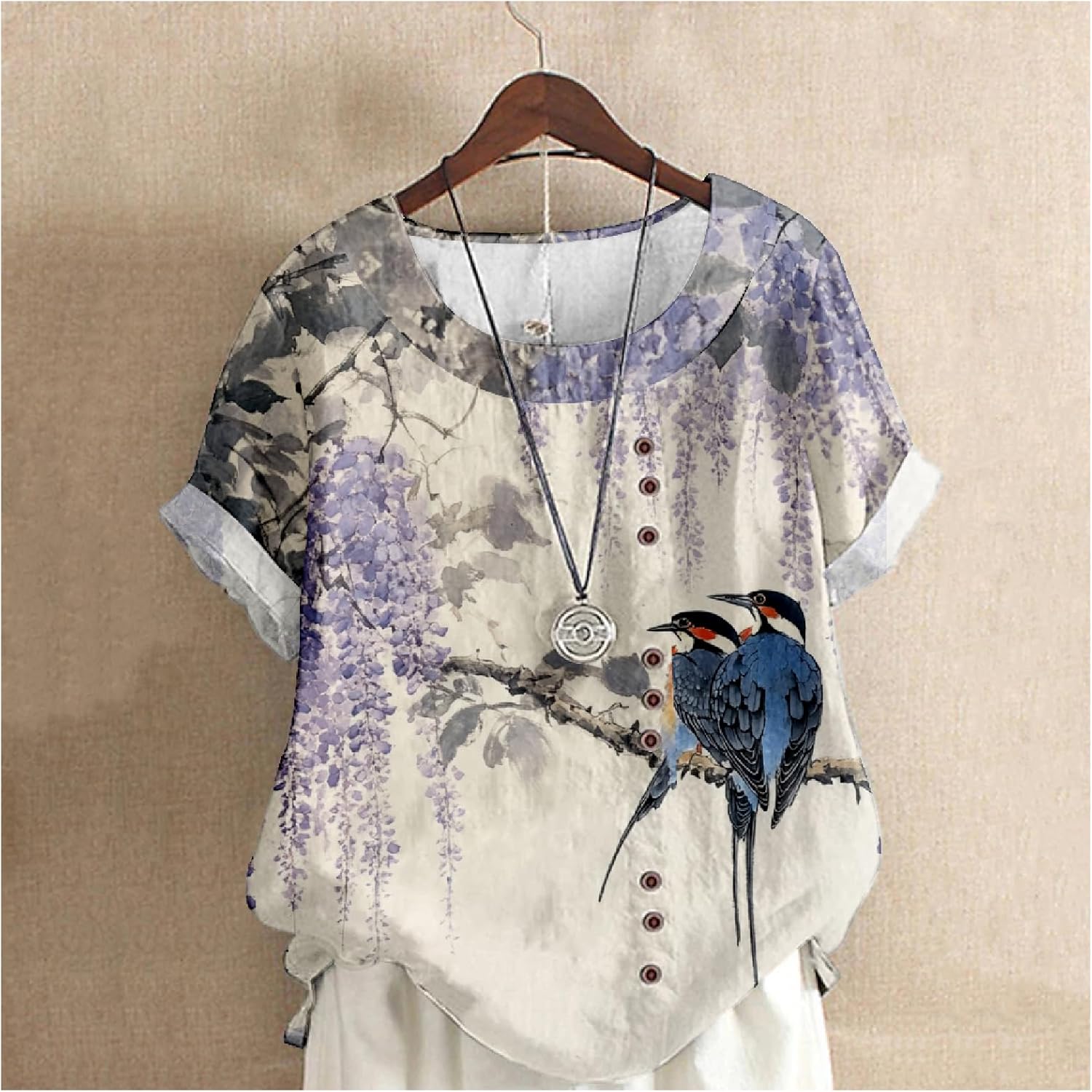 MARSVOVO Women's Tunic Tops Dressy Casual Blouses Novelty Print Outfits Decorative Buttons Plus Size Short Sleeve Shirts - Image 3