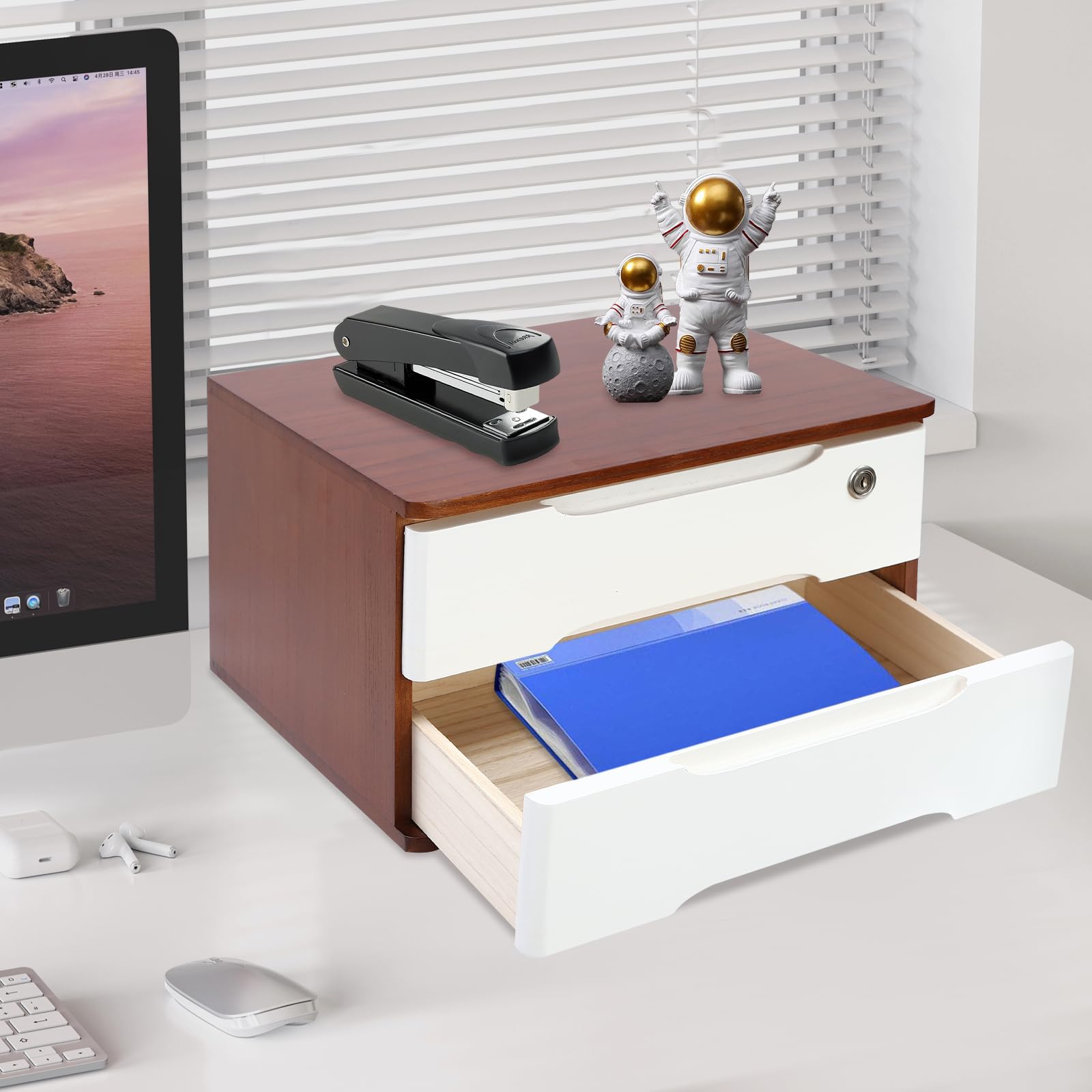 Organizador de Literatura de Madera con cajones y Cerradura, Armario de Almacenamiento de Escritorio, Organizador de cajones, Caja de Almacenamiento de Madera para Suministros del
