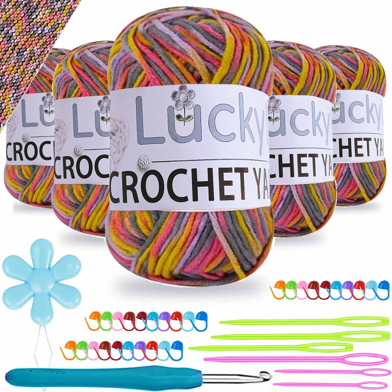 Crochet Yarn Double Knitting Wool (6X50g), Multicoloured Acrylic Yarn Crochet Wool with Aluminum Crochet Hooks Stitch Markers for DIY Craft Blankets Socks Dolls (Yellow Purple Pink)