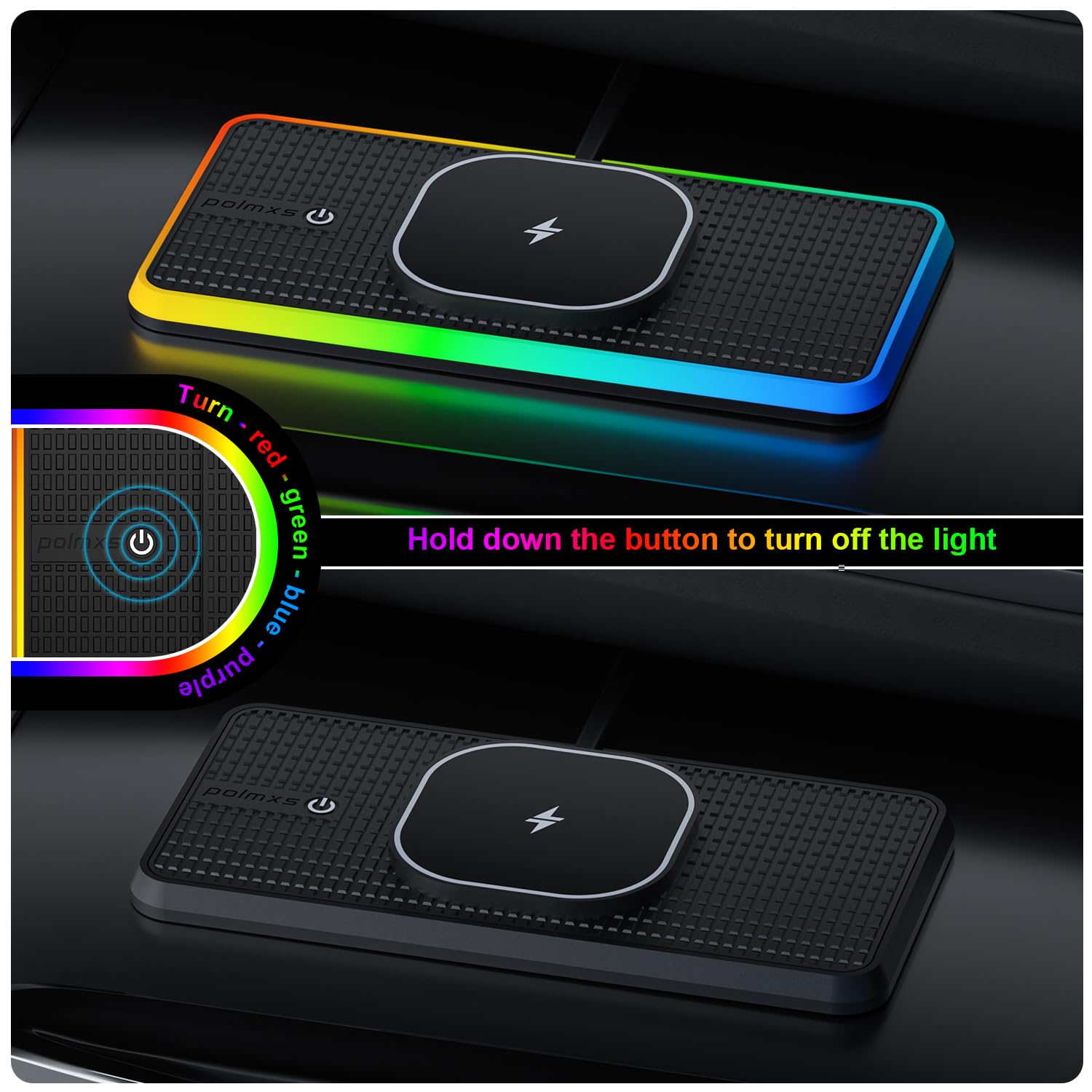 Tappetino di Ricarica Wireless Auto RGB per MagSafe, Polmxs Caricatore Wireless Auto Magnetico da 15W con LED, Cavo da 30cm + Prolunga da 70cm Compatibile con iPhone 16–12 Pro, AirPods (K1MAG)