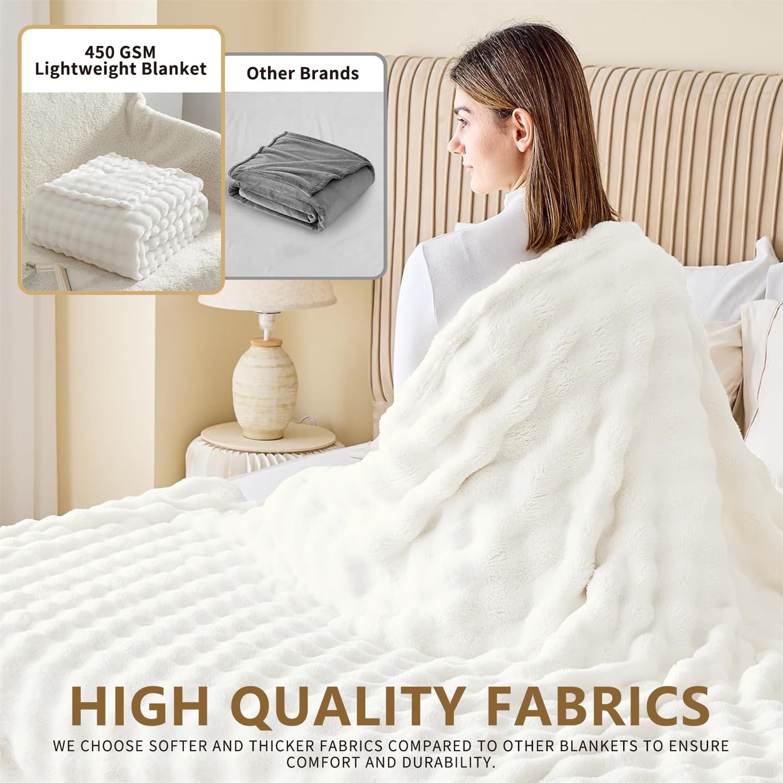 LINGKY Fleece Throw Blanket White Bubble Faux Fur Fluffy Bed Blanket Super Cosy Warm Large Blanket for Bed Sofa Couch Home Decor 100x160cm - Image 4