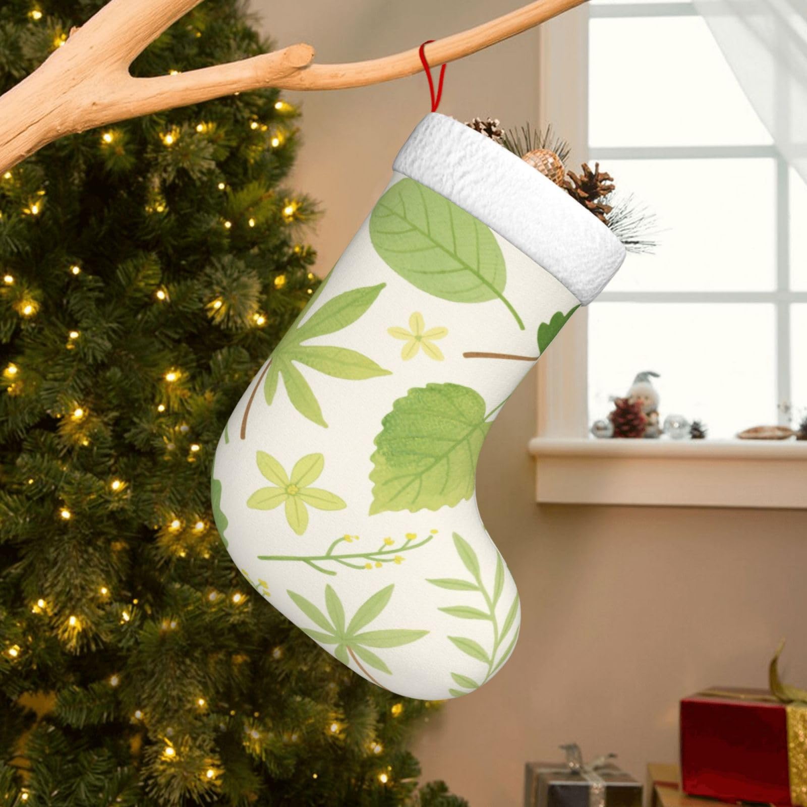 Velvet Christmas Stockings 17.7 Inch, Watercolor Green Leaves Xmas Stocking with Soft Cuff,Classic Personalized Christmas Tree Decoration for Family Holiday New Year Party Supplies