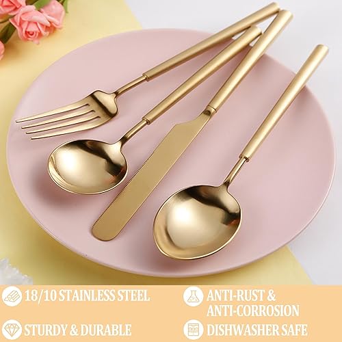 Miniatura 3 de Juego de cubiertos dorados mate de 20 piezas, acero inoxidable 1810 para 4, cubiertos dorados gruesos y resistentes con mango redondo, juego de