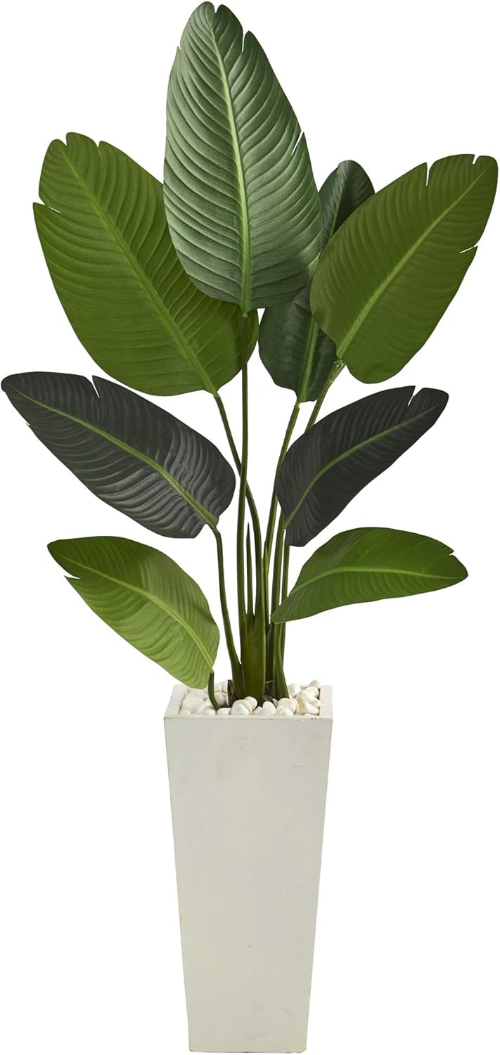 Nearly Natural 5ft. Travelers Palm Artificial Tree in Tall White Planter