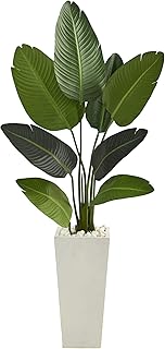 Nearly Natural 5ft. Travelers Palm Artificial Tree in Tall White Planter,Green