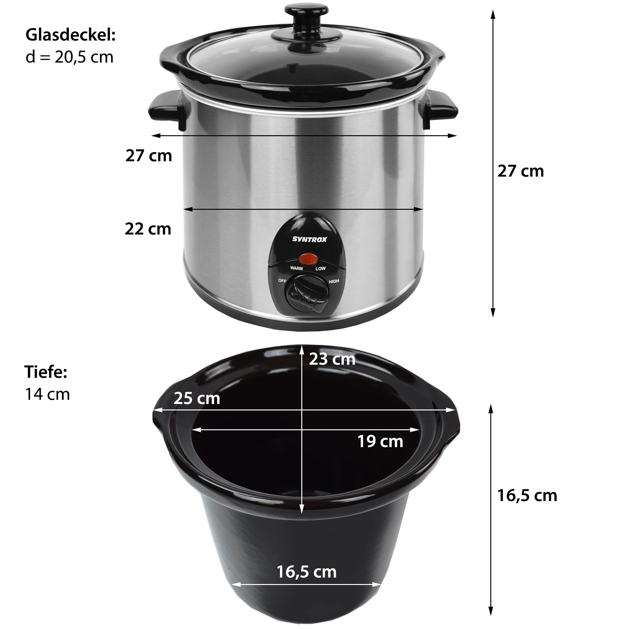 Syntrox Germany Slow Cooker Schongarer 3 Liter mit Warmhaltefunktion, Glasdeckel und robuster Keramikschüssel 200 Watt