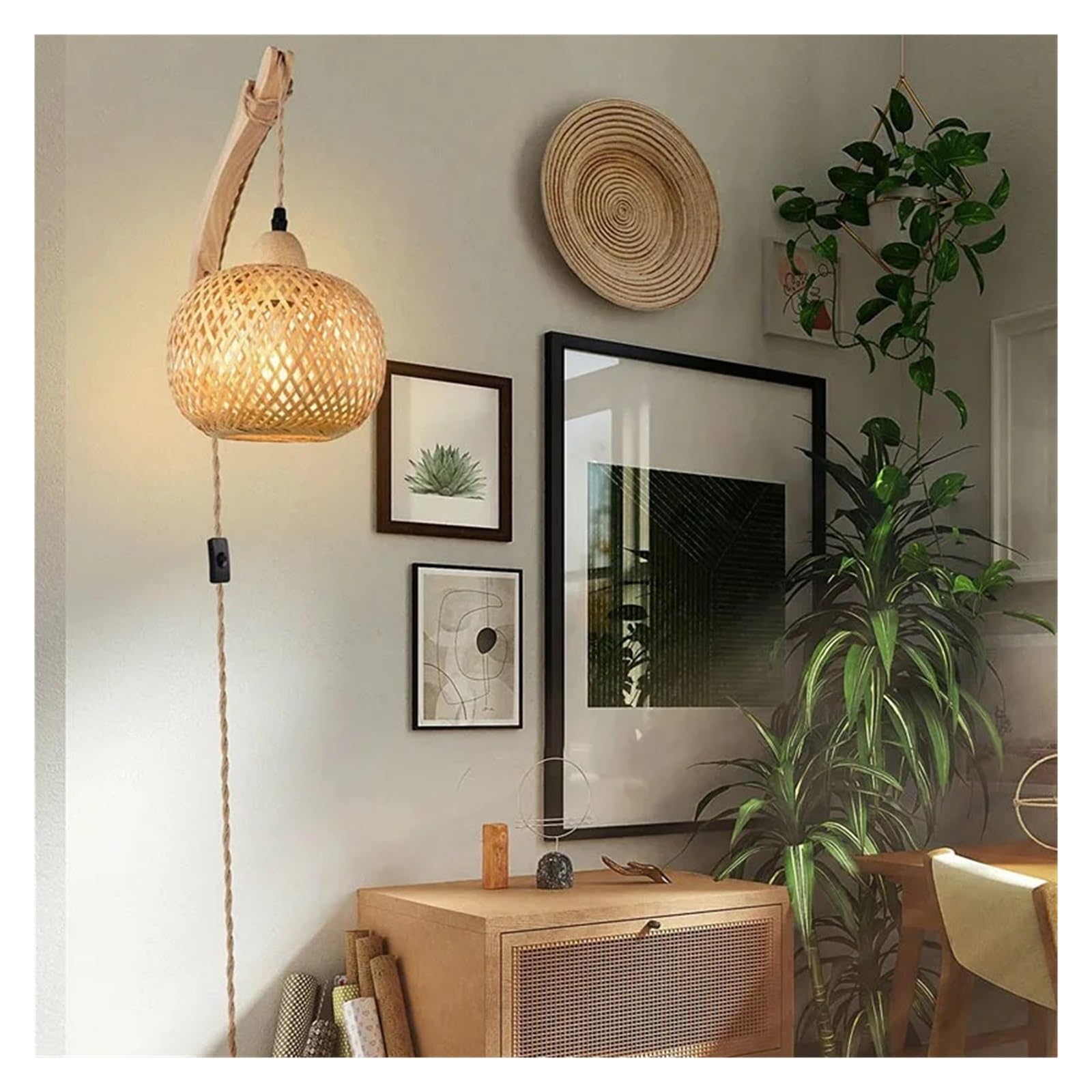 Lampada Da Parete A Lanterna In Bambù, Lampadari In Vimini E Rattan Naturale, E27, Paralumi In Intrecciato A Mano, Lampade Regolazione Flessibile(Wood - No light -A)