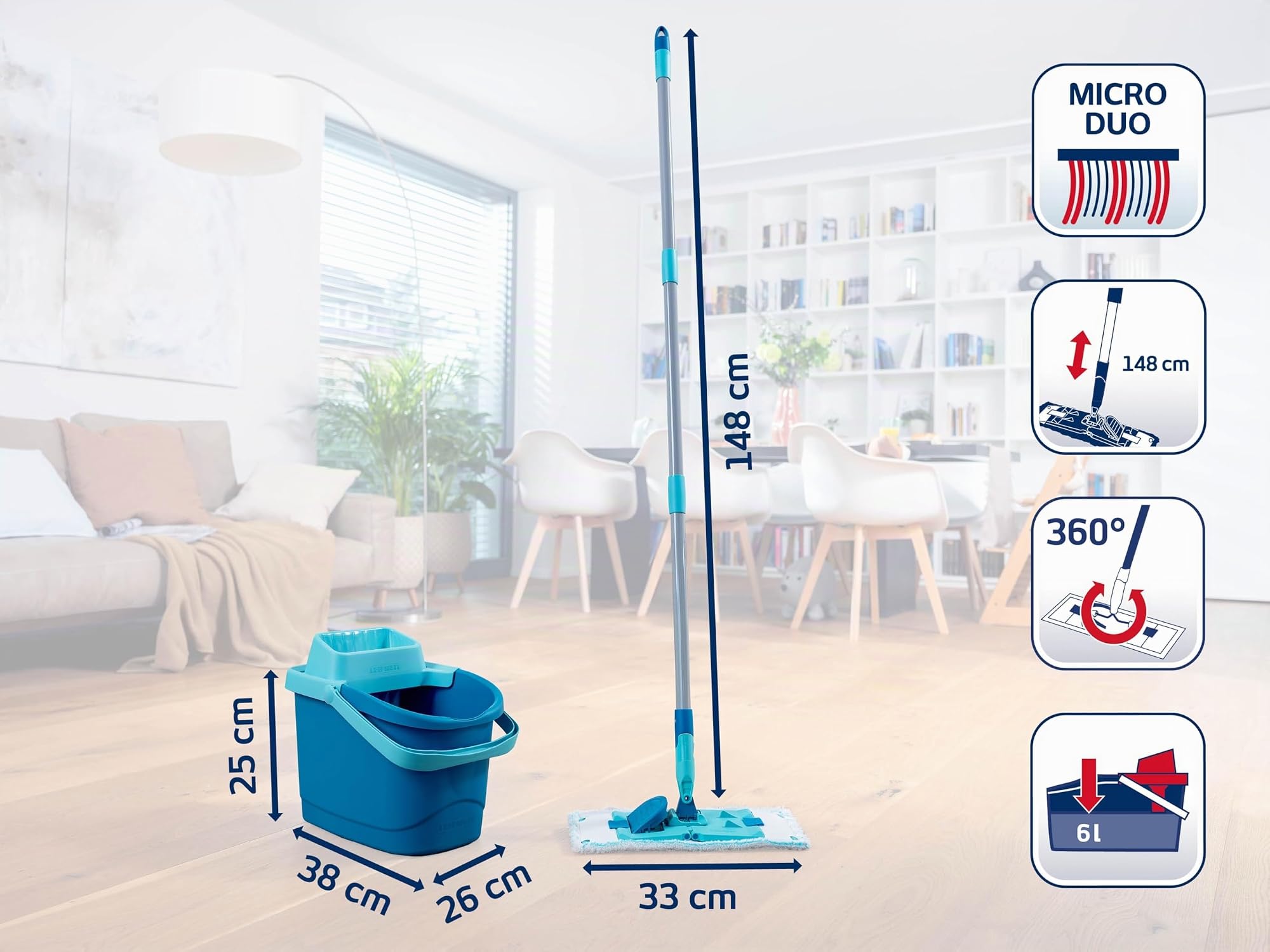 Leifheit Set PowerClean M, Balai serpillère et Seau essoreur ménageant Le Dos, kit avec 2 Housses serpillière Micro Duo pour Un Nettoyage en Profondeur, mécanisme d'essorage Facile, Click-System