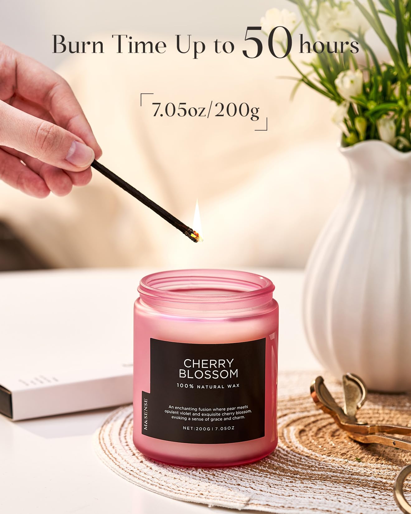 M&SENSE Cherry Blossom Soy Wax Aromatherapy Scented Candles Gifts for Women Non Toxic 200g 50H Burn Time Candles for Romantic Evenings Relaxation Floral Organic Small Jar Candle for Home Decor - Image 4