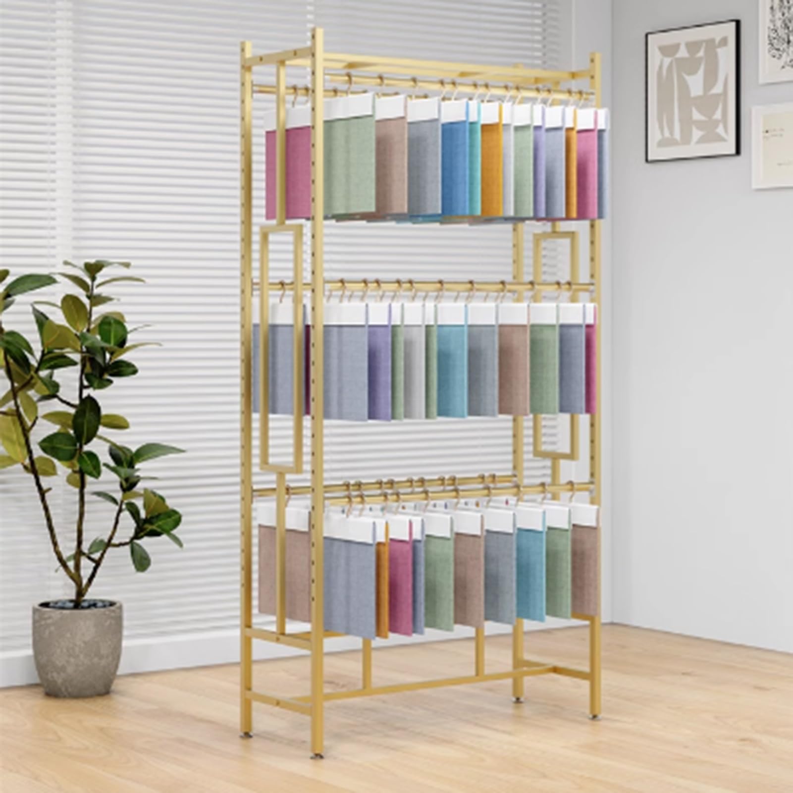 Espositore per tappeti in Metallo da Pavimento, espositore per Campioni di Tessuto Commerciale, zerbino in Tessuto per Tappetino per Auto, Appendiabiti Multistrato,Gold-120x40x200cm
