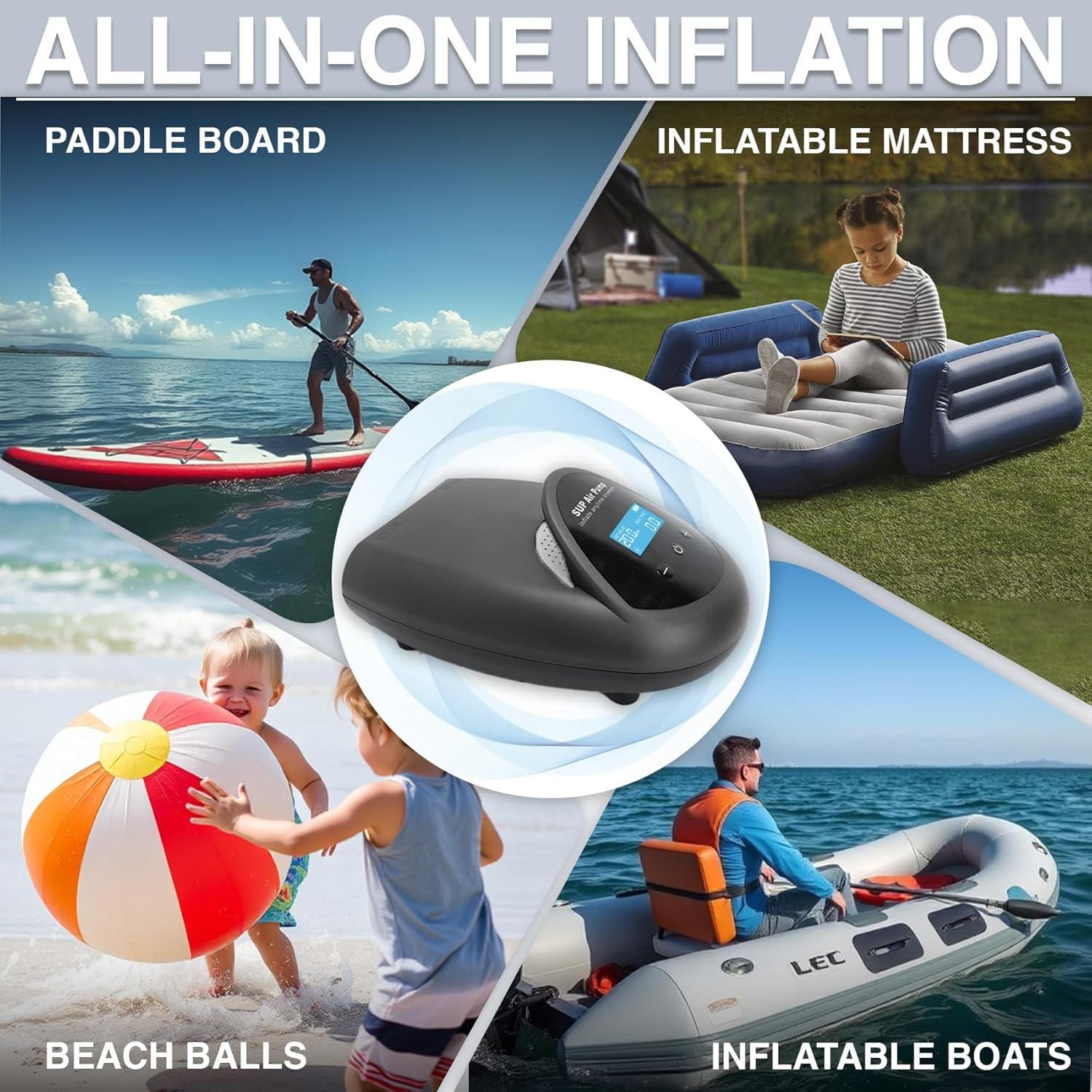 TONSIM Pompa Elettrica Ricaricabile 20 PSI - Gonfiatore Portatile ad Alta Pressione per Sup, Gommoni e Barche - Batteria Integrata e Adattatore 12V per Auto - Ideale per Campeggio e Sport Acquatici