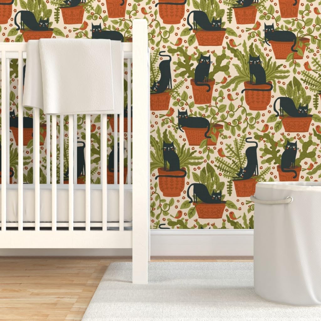 Spoonflower Removable Wallpaper 6ft x 2ft - Black Cats Plants Birds Terracotta Green Leaves Botanical Custom Pre-Pasted Wallpaper