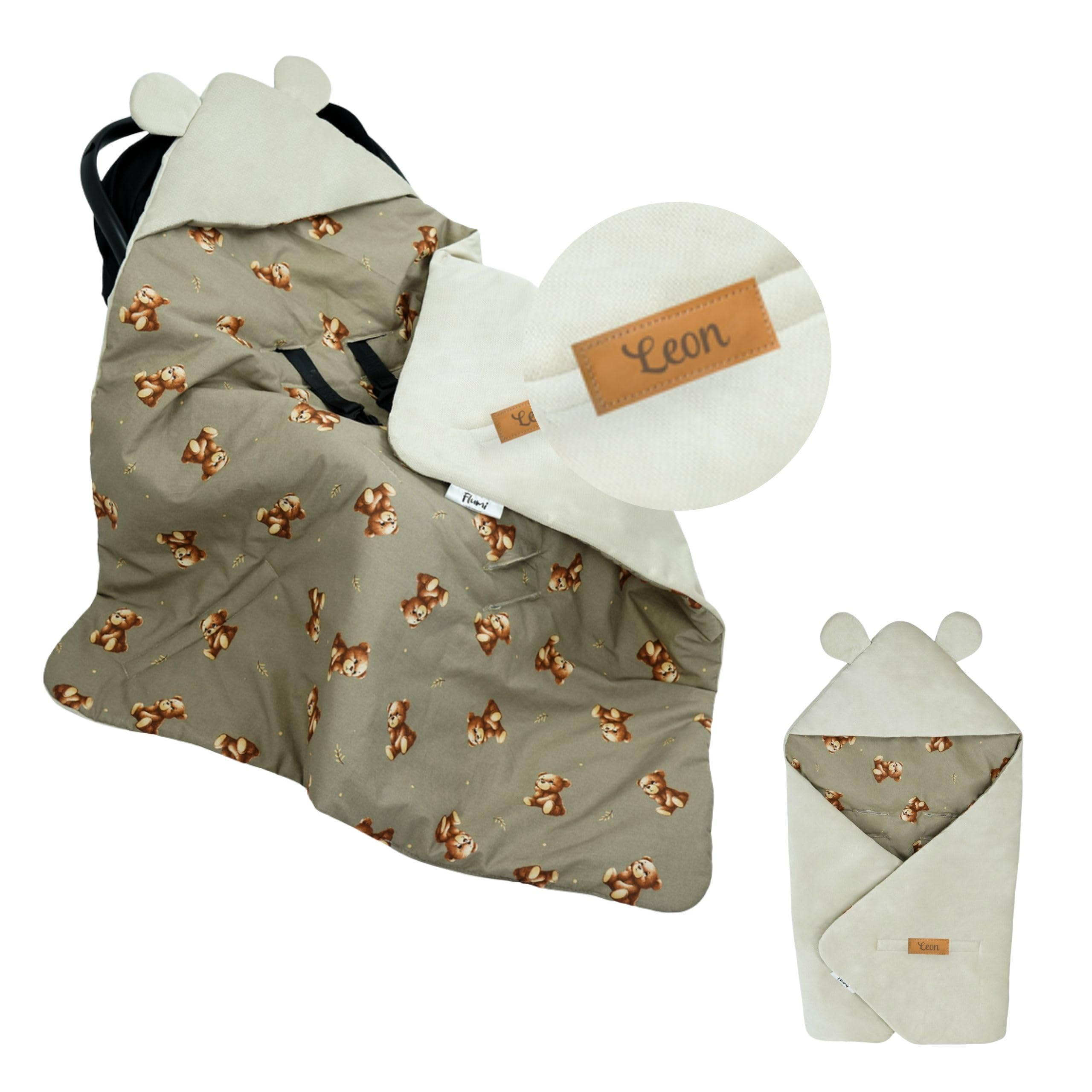 Flumi Coperta per Seggiolino Auto e Ovetto – Copertina Avvolgente Neonato con Cappuccio e Fori per Cinture, Morbida e Lavabile, Personalizzabile con Nome (orsacchiotto beige)