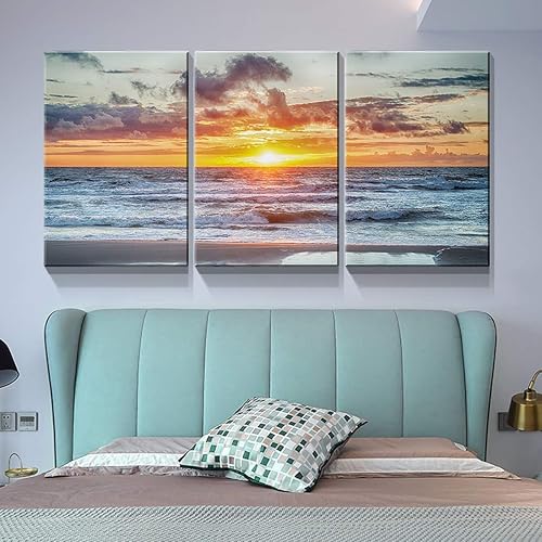 Miniatura 28 de Denozer - Lienzo decorativo de 3 paneles para decoración del hogar, mar azul, puesta de sol, blanco, playa, pintura, impresión sobre lienzo, paisaje